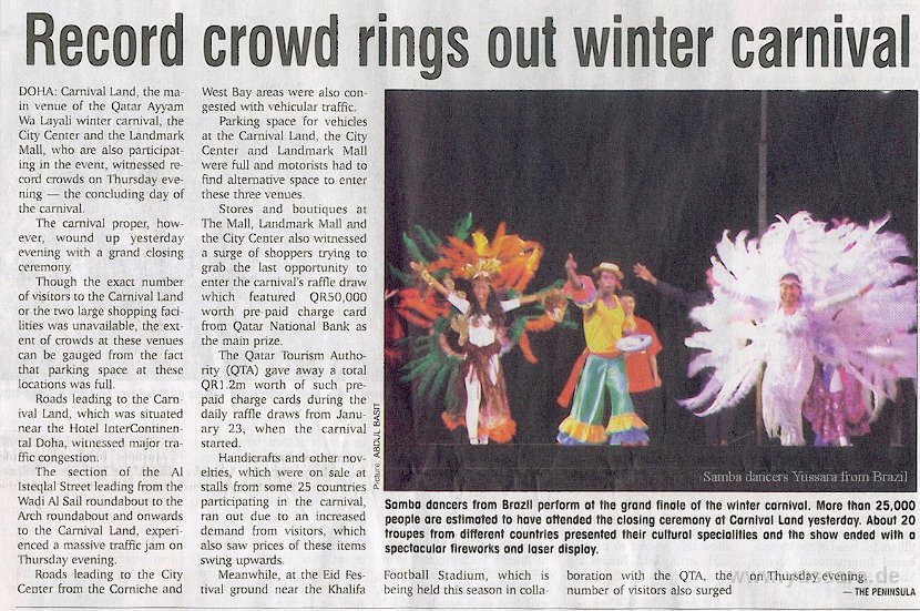 The Peninsula Qatar. The grand finale of the winter carnival, with the samba dancers from Brazil, Yussara Dance Company. More than 25000 people have attended the Show